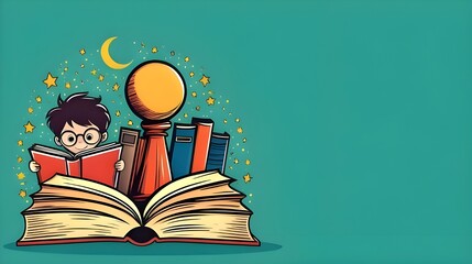 Graphic illustration banner or template with copy space background for World Book Day and copyright concept. World Book Day changes lives through a love of books and reading. Love of books