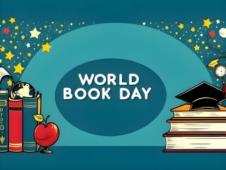 Graphic illustration banner or template with copy space background for World Book Day and copyright concept. World Book Day changes lives through a love of books and reading. Love of books