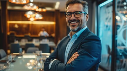 Obraz premium Happy, business man and arms crossed portrait in a corporate board room with professional worker. Success
