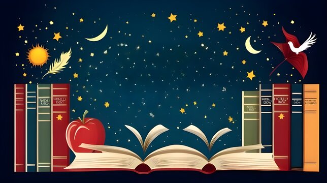 Graphic illustration banner or template with copy space background for World Book Day and copyright concept. World Book Day changes lives through a love of books and reading. Love of books - Powered by Adobe