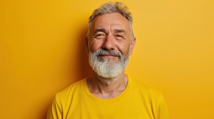 Obraz premium Happy mature old bearded man, smiling cool mid aged gray haired older senior hipster wearing yellow t-shirt standing isolated on yellow background looking at camera