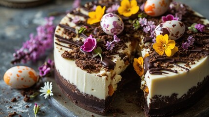Easter Egg Cheesecake is a festive dessert for Easter, decorated with cute mini eggs, chocolate sprinkles and edible flowers for a truly Easter treat