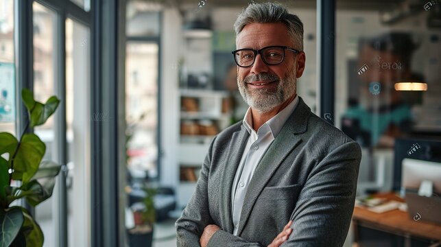 Happy Mid Aged Older Business Man Executive Standing In Office. Smiling 50 Year Old Mature Confident Professional Manager, Confident Businessman Investor Looking At Camera