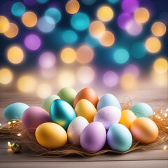 Fototapeta na wymiar Easter background. Colorful Easter eggs on a background with a bokeh with a place for text