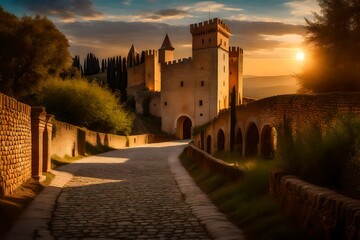 Tuscan road near Siena at sunset, an ancient cobblestone road leading to a medieval castle, the sun casting a warm glow on the stone walls - obrazy, fototapety, plakaty