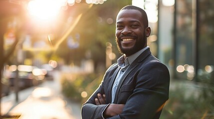 Happy, portrait of black businessman with arms crossed and at office building outside with a lens flare. Happiness, good news and confident or cheerful African male person outdoors of workplace - obrazy, fototapety, plakaty