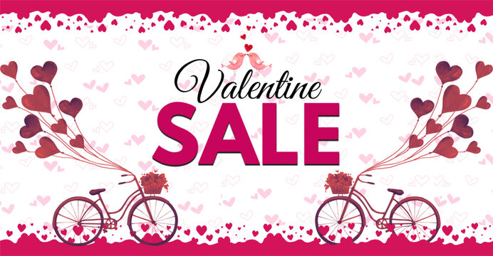 Happy Valentine's day Big Sale, advertising and Marketing banner Design, couple bicycle with heart shaped balloons, cute hearts patterned background - Powered by Adobe
