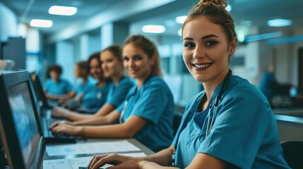 Happy receptionists working at a hospital using computers and looking at the camera smiling - healthcare workers concepts