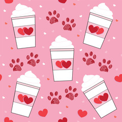 Paw and coffee shop seamless valentine's day pattern
