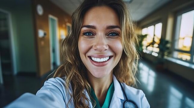 Happy woman, doctor and portrait in selfie for picture, memory or photo of doctor at hospital. Female person, medical or healthcare professional smile with teeth for vlog, dental care and wellness