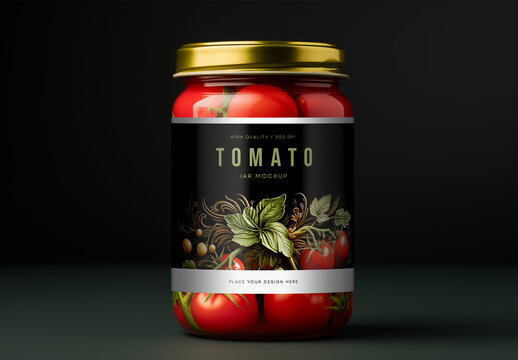 Glass Jar Mockup with Tomatoes &ndash; Realistic Label Presentation for Preserved Food, Organic Pickles, Homemade Sauce, or Gourmet Tomato Packaging Design Showcase