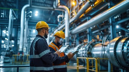 Heavy-duty industrial engineers stand in a pipeline manufacturing facility using digital tablet computers for the construction of products to transport oil, gas and fuel