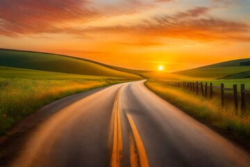 Fototapeta na wymiar Asphalt road under sunset, a rural road winding through rolling hills, the sky painted with warm pastel tones, a gentle breeze rustling through fields of wildflowers