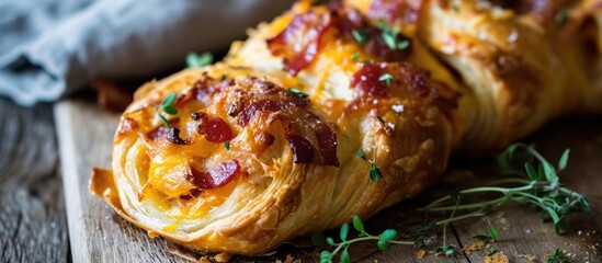 Tasty party treat: bacon and cheese puff pastry roll-up. - obrazy, fototapety, plakaty