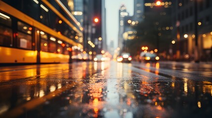 Fototapeta na wymiar Raindrops on a cityscape: Rainfall at dusk captures the glowing lights of a city, blurred into orbs of yellow and orange against a twilight sky, mirrored on the wet ground