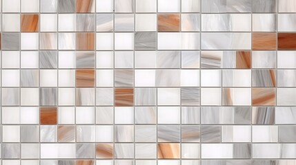A close-up of a mosaic wall featuring square tiles in muted shades of beige, gray, and white, creating a modern and textured seamless surface
