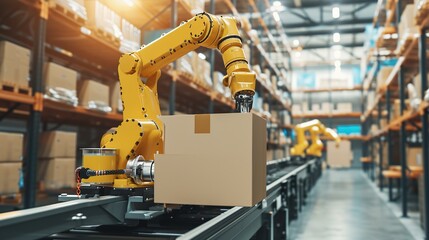 Industrial robot arm grabbing the cardboard box on roller conveyor rack with storage warehouse background - obrazy, fototapety, plakaty