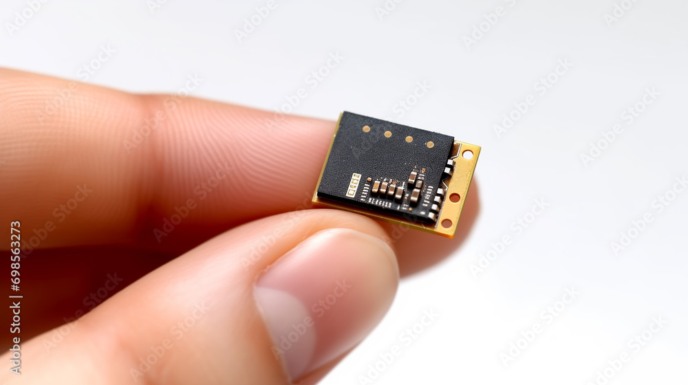 Poster tech hardware: hand holding microchip, isolated