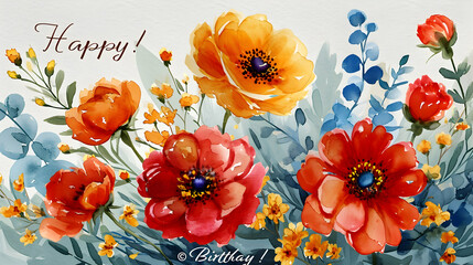 A watercolor painting of various flowers with a birthday greeting in the center. Dominant colors include blue, red, and green.
