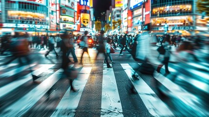 intentional motion blur of crowds of people crossing a city street - obrazy, fototapety, plakaty
