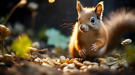 Fototapeta premium Curious squirrel among nuts, warm lighting, autumn atmosphere