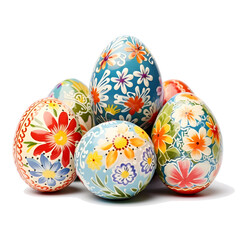 Easter eggs painted in different colors on transparent background