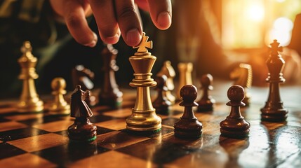 Leadership strategy or strategic planning and human resources organization risk management, Hand choose king chess fight game concept of challenge - obrazy, fototapety, plakaty