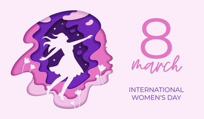 A postcard in the papercut style. International Women's Day. Equality and women's rights. Vector illustration. Pink and purple colors