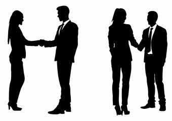 set of silhouettes of business people shaking hands on a white background