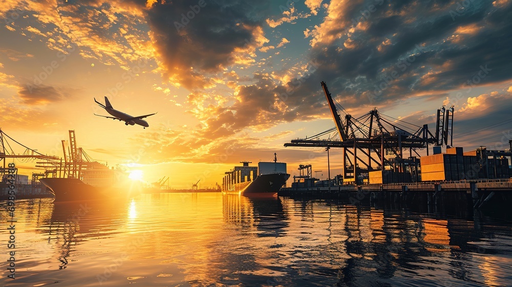 Poster Logistics and transportation of Container Cargo ship and Cargo plane with working crane bridge in shipyard at sunrise, logistic import export