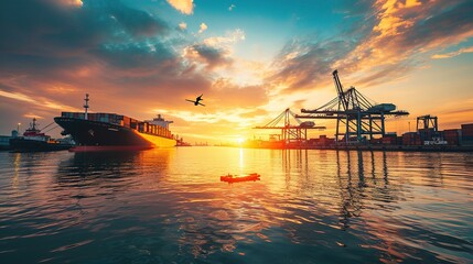 Logistics and transportation of Container Cargo ship and Cargo plane with working crane bridge in shipyard at sunrise, logistic import export