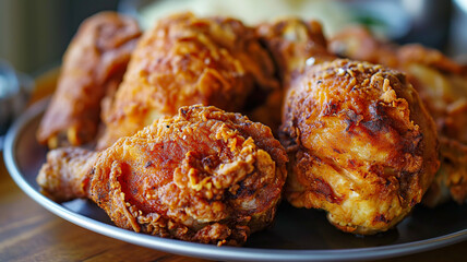 Shallow depth of field (selective focus) image with   tasty fired chicken. Generative AI.
