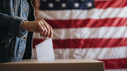 Shallow depth of field (selective focus) image with the hand of a person voting in the US presidential elections. AI generated - obrazy, fototapety, plakaty