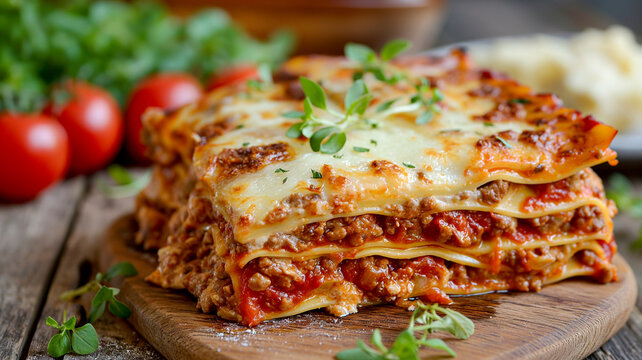 Shallow depth of field (selective focus) image with tasty lasagna. Generative AI.