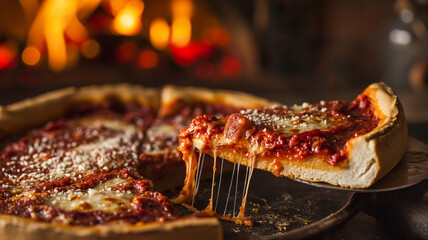 Shallow depth of field (selective focus) image with a tasty deep dish pizza. Generative AI. - obrazy, fototapety, plakaty