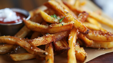 Shallow depth of field (selective focus) image with  tasty french fries. Generative AI.