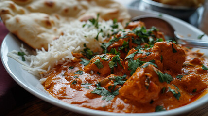 Shallow depth of field (selective focus) image with  tasty Indian chicken tikka masala dish. Generative AI