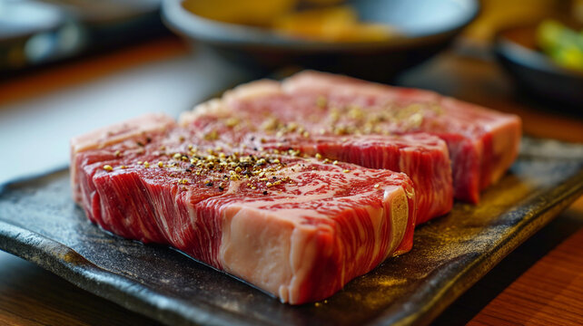 Shallow depth of field (selective focus) image with a tasty piece of wagyu beef steak being cooked. Generative AI.