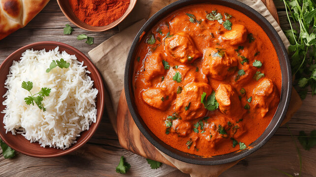Shallow depth of field (selective focus) image with  tasty Indian chicken tikka masala dish. Generative AI