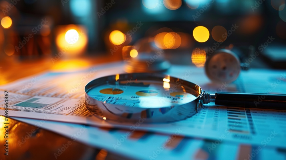 Poster magnifying glass and documents with analytics data lying on table,selective focus