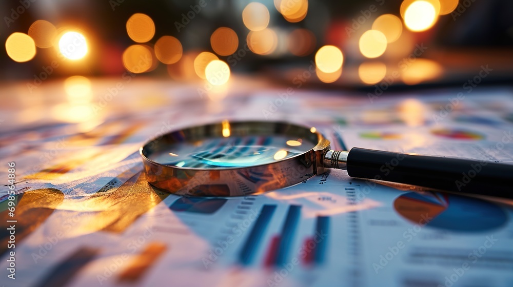 Poster magnifying glass and documents with analytics data lying on table,selective focus