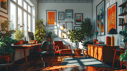 Artistic home offices filled with sunlight, lush indoor plants, creative workspaces flooded with...