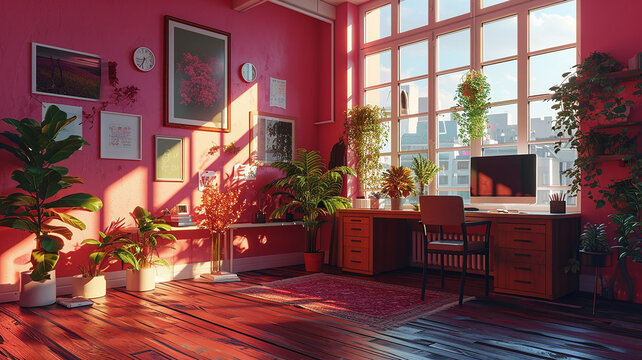 Artistic home offices filled with sunlight, lush indoor plants, creative workspaces flooded with natural light, stylish interior design surrounded by modern art and greenery, and Generative AI