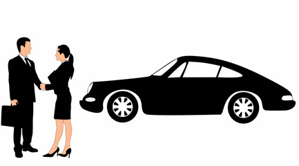 Businessman standing and car silhouette vector, on white background