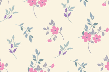 Fototapeta na wymiar Seamless floral pattern, abstract romantic ditsy print of hand drawn simple branches. Delicate botanical design: small pink flowers, branches, leaves on a light pastel background. Vector illustration.