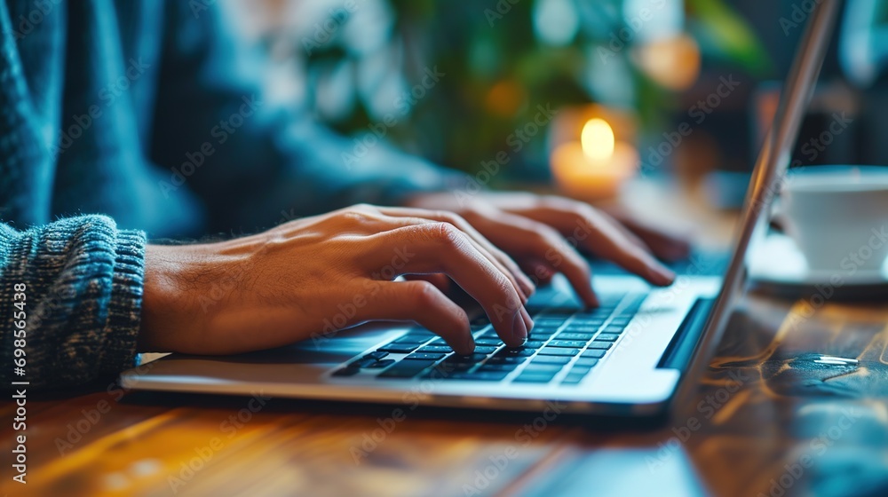 Poster man hands typing on computer keyboard close up, businessman or student using laptop at office