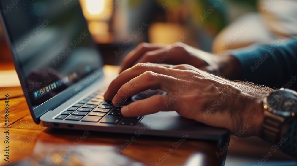 Poster man hands typing on computer keyboard close up panoramic banner, businessman or student using laptop