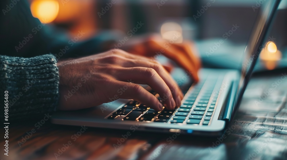 Poster man hands typing on computer keyboard close up panoramic banner, businessman or student using laptop
