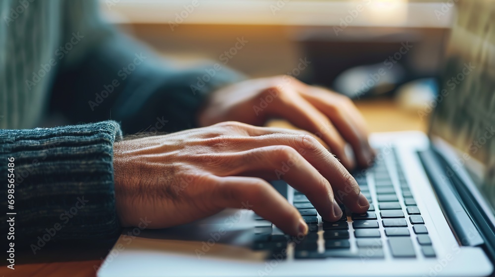 Poster man hands typing on computer keyboard close up panoramic banner, businessman or student using laptop