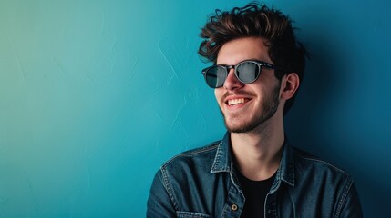 man, sunglasses and comic face portrait on blue background with cool and trendy style or fashion. Happy young model person with glasses in studio for advertising designer brand